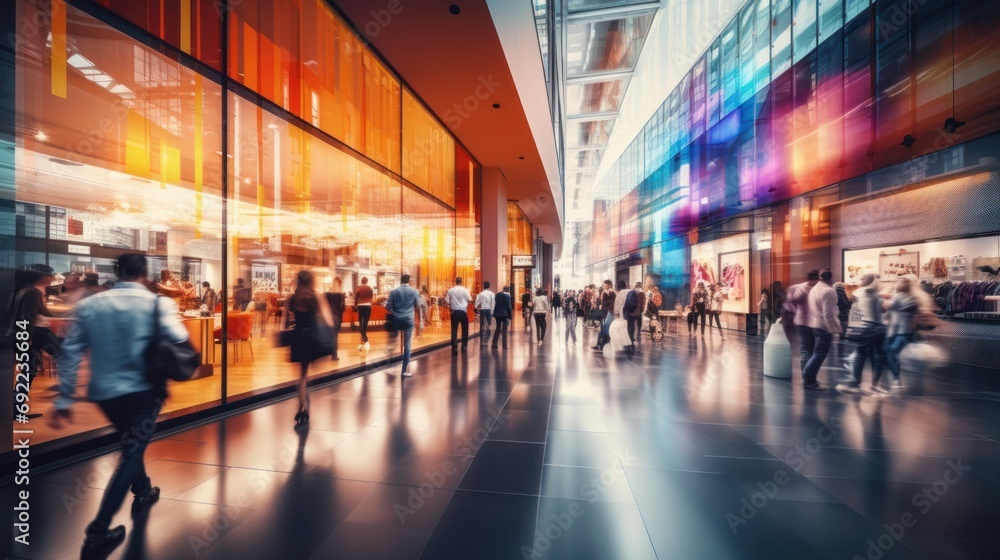 Busy Shopping Mall with Colorful Glass Facade