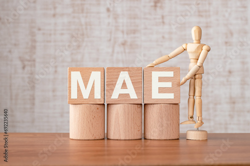 There is wood cube with the word MAE. It is an abbreviation for Mean Absolute Error as eye-catching image. photo