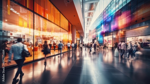 Busy Shopping Mall with Colorful Glass Facade photo