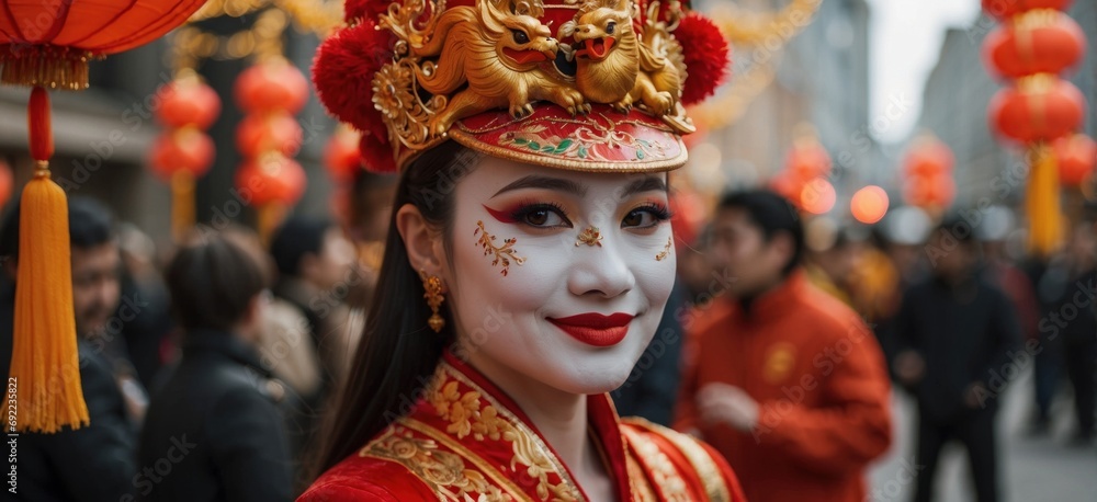 Portrait of woman wearing a red and gold traditional dress, participating in Chinese New Year festivities. Red lanterns and festive decorations fill the air, creating a vibrant and joyful atmosphere. Portrait of woman wearing a red and gold traditional dress, participating in Chinese New Year festivities. Red lanterns and festive decorations fill the air, creating a vibrant and joyful atmosphere.