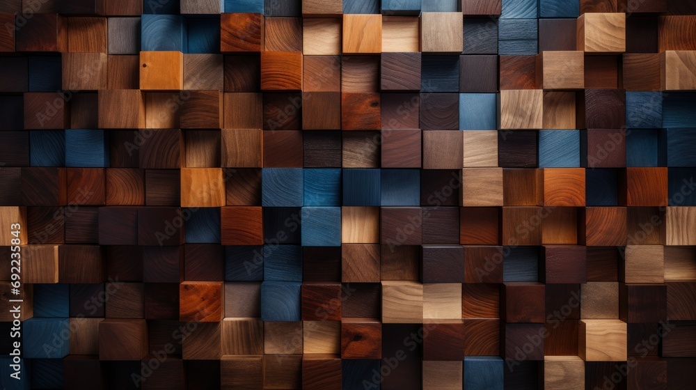 Artistic Wood Cube Mosaic with Diverse Grain Patterns Artistic Wood Cube Mosaic with Diverse Grain Patterns
