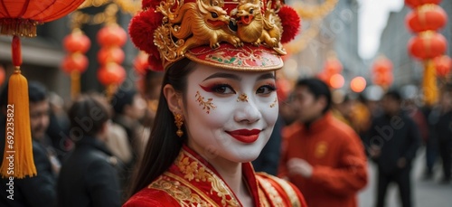 Portrait of woman wearing a red and gold traditional dress, participating in Chinese New Year festivities. Red lanterns and festive decorations fill the air, creating a vibrant and joyful atmosphere. © sebas