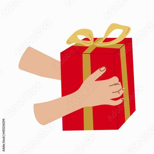 Giving a gift. Hand with Gift box Design for banner, web. Hands holding a red box with a gold ribbon. Vector illustration...