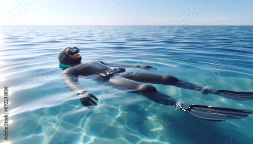 une personne en train de flotter à la surface de la mer avec une combinaison de plongée, des palmes et un masque de plongée. On y voit un ciel bleu en arrière plan.