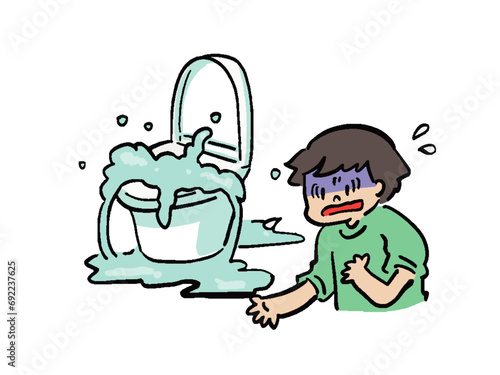 トイレの水があふれて困惑する男性のイラスト
