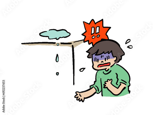 天井の雨漏りに困惑する男性のイラスト