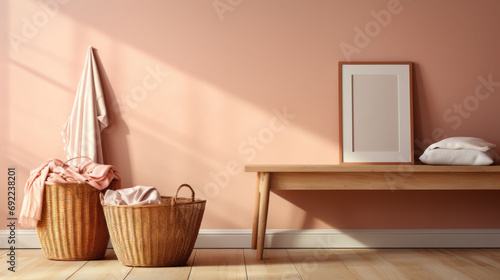 Soft pink towels in a rustic basket beside a wooden bench against a warm wall  with sunlight casting a gentle glow  evoking a tranquil spa feeling. Peach Fuzz 