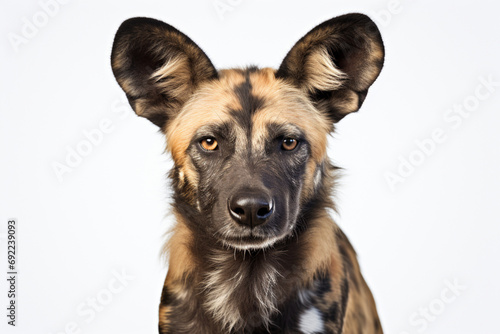 African Wild Dog close-up portrait on a white background.