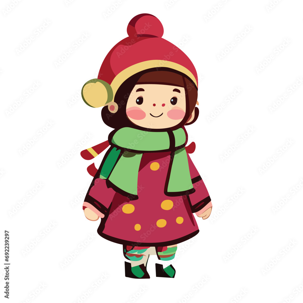 Vector de una niña con pelo castaño en invierno con bufanda y gorro de navidad Vector de una niña con pelo castaño en invierno con bufanda y gorro de navidad