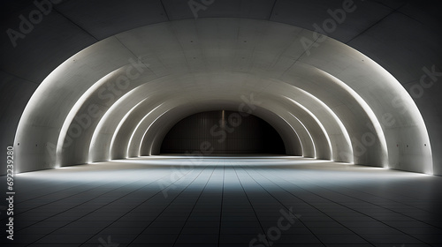 Straight circular concrete tunnel with lighting.