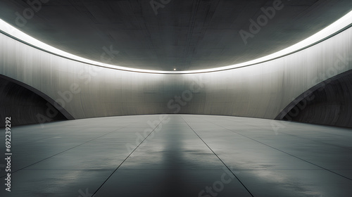 Straight circular concrete tunnel with lighting.