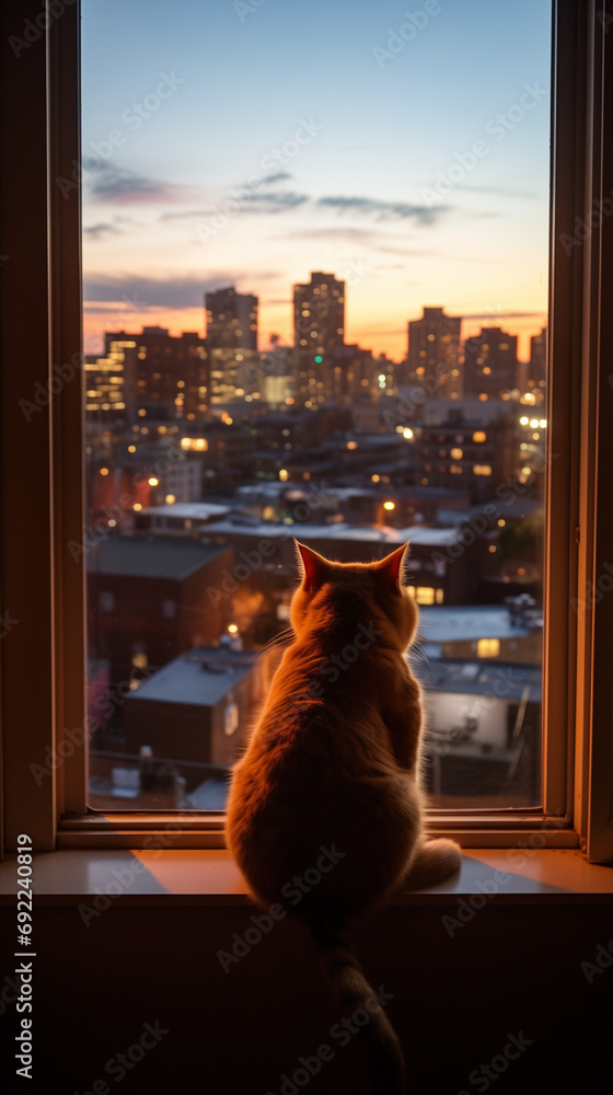 cat looking out a window at dawn, with a cityscape background. AI generated