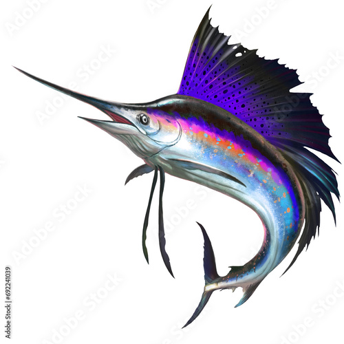 Sailfish on white. Marlin fish sailfish isolate realistic illustration. Fish sword in a jumping fish sailboat.