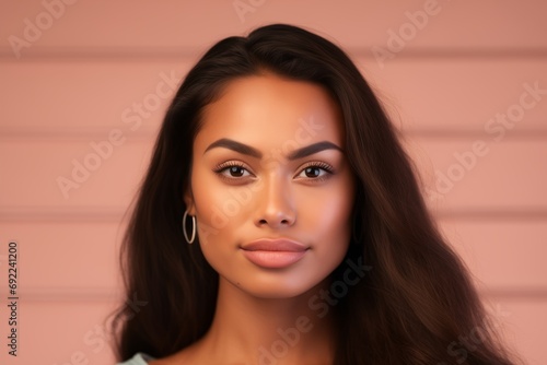 A portrait of a confident Maori woman with a subtle smirk, expressing strength and cultural pride photo
