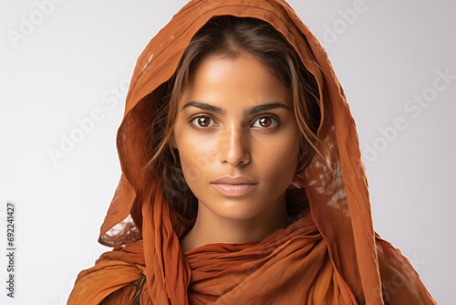 Portrait of woman in headscarf on white background.
