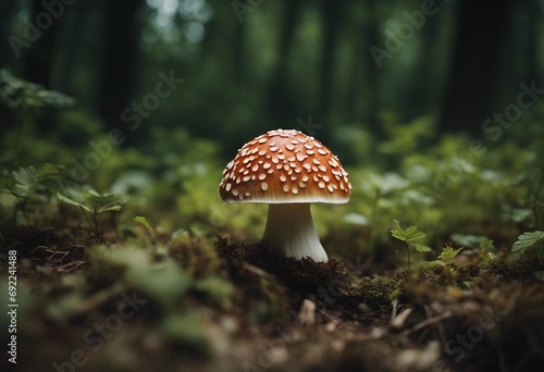 White Spotted Red Mashroom in Nature. Fly Agaric Amanita Muscaria. Red Cap Mashroom. Poisonous, Hallucinogenic, Edible Mashroom with Psychoactive Effects