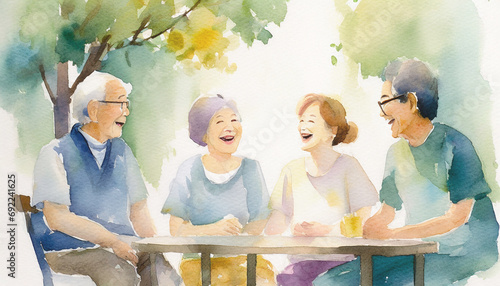 机で向き合って笑い合う高齢者たちの水彩イラスト photo