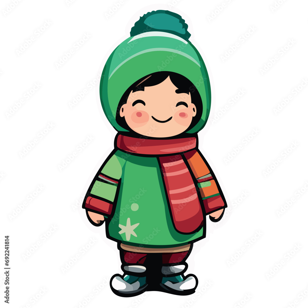 Vector de un niño en invierno con bufanda y gorro verde Vector de un niño en invierno con bufanda y gorro verde