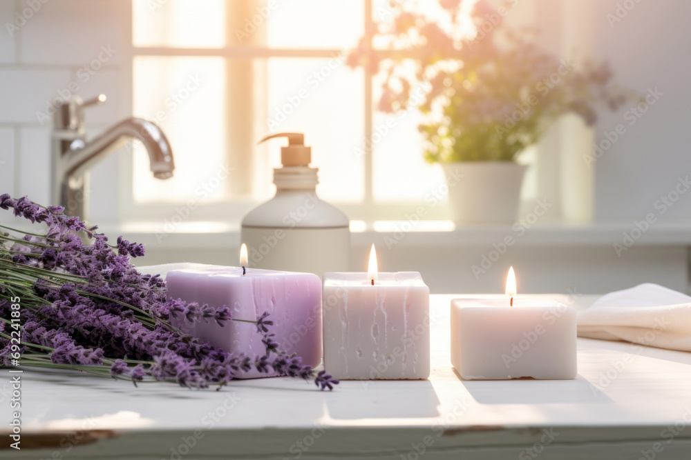 Handmade pastel purple lavender candles in white sunny bathroom. Home made spa, skincare and cosmetology concept. - obrazy, fototapety, plakaty 