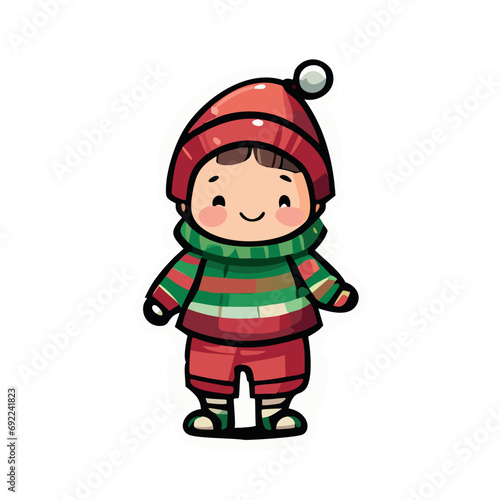 Vector de un niño en invierno con bufanda y gorro rojo