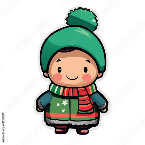 Vector de un niño en invierno con bufanda y gorro verde