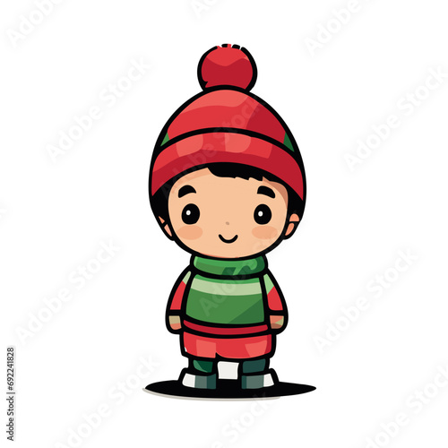 Vector de un niño en invierno con bufanda y gorro rojo