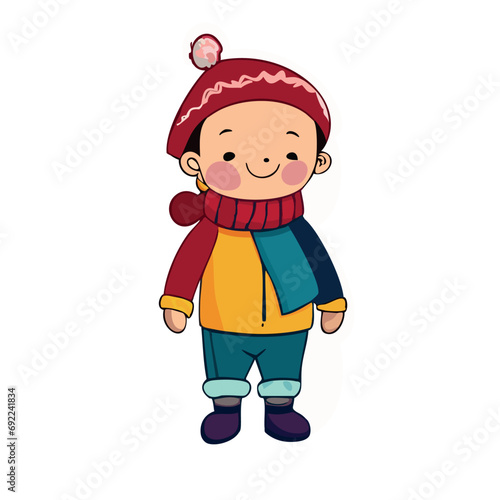 Vector de un niño en invierno con bufanda y gorro rojo
