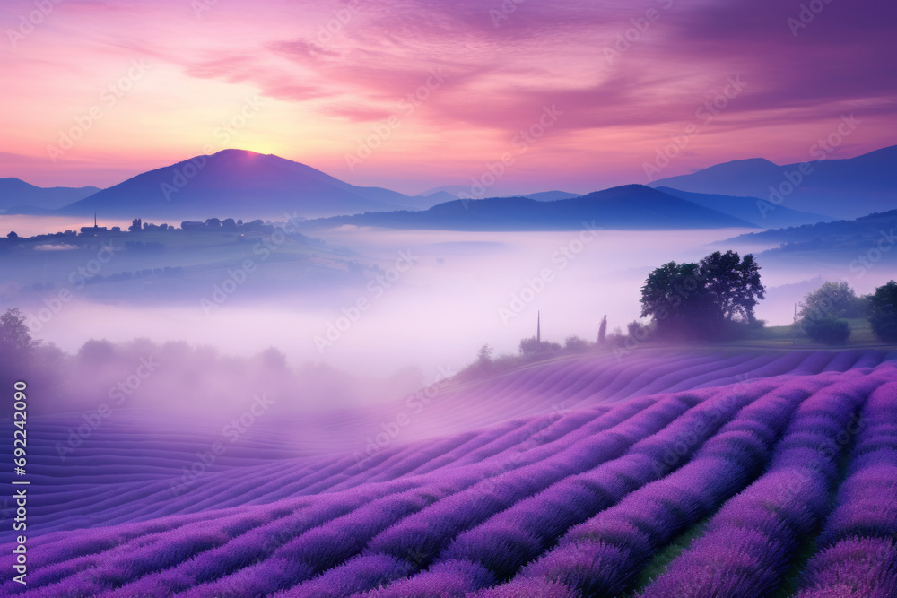 Obraz premium Endless lavender fields with long purple rows of lavender plants on sunny summer sunset.
