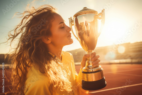 Beautiful female athlete holding her trophy after winning a competition. Young woman celebrating the victory under glittery confetti.