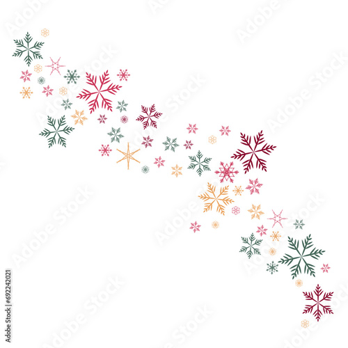 Snowflakes design element, Christmas clip art vector, winter scene of falling snow in windy swirling border pattern, snow flakes for New Years decorations