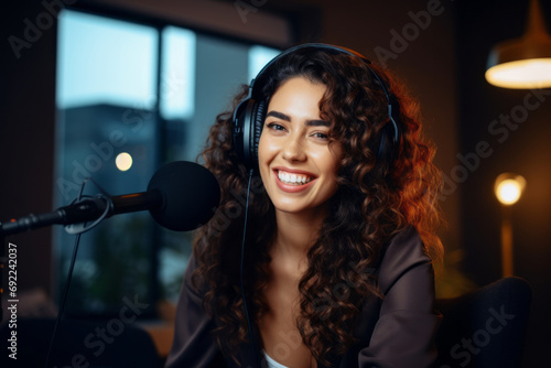 Beautiful young woman recording a podcast with her microphone in home studio. Teen influencer creating content for her social media account. Social media and blogging concept.