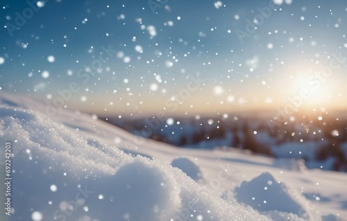 Winter snow background with snowdrifts, with beautiful light and snow flakes on the blue sky in sunset or morning
