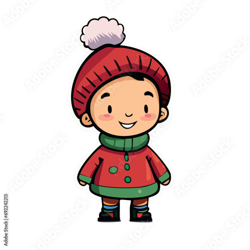 Vector de un niño en invierno con bufanda y gorro rojo