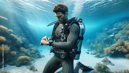 un homme en train de regarder sa montre de plongée sous la surface de la mer photo