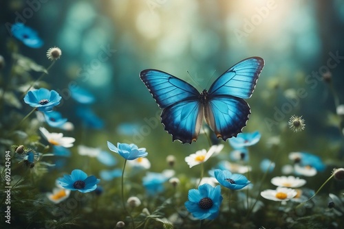 Beautiful spring background with blue butterfly in flight and flowers anemones in forest in nature photo