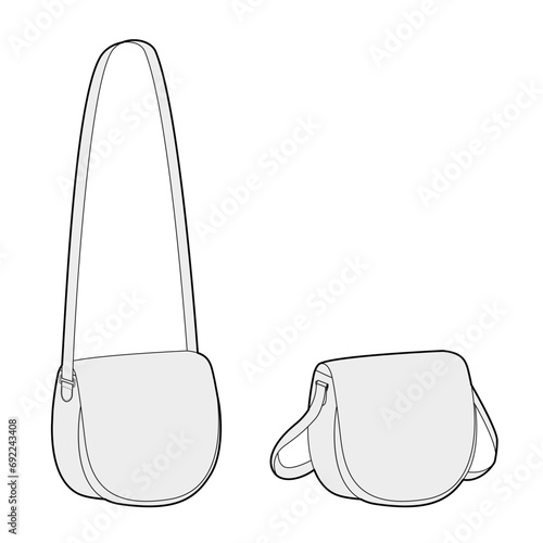 Saddle Cross-Body Bag with curved lines silhouette. Fashion accessory technical illustration. Vector satchel front 3-4 view for Men, women, unisex style flat handbag CAD mockup sketch outline isolated