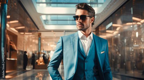 A high-fashion concept featuring a man in shopping mall   dressed in elegant attire and surrounded by a luxurious interior. Man fashion and luxury girl s impeccable style. Generative ai