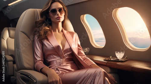 High-fashion concept featuring a stylish girl in private plane, dressed elegant attire and surrounded luxurious interior. Girl impeccable style.Woman duturistic rich. Generative ai © MoreThanProd
