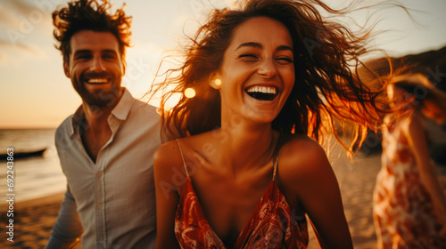 celebratory scene of a newlywed couple dancing on a beach at sunset, friends and family, with a beachfront party. joy festivity married life with an unforgettable beach party. Generative ai