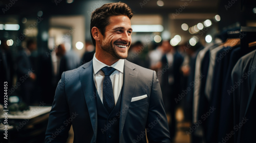 Wedding man groom, accompanied by his groomsmen, browses through a showroom filled with a variety of impeccably tailored suits. Generative ai Wedding man groom, accompanied by his groomsmen, browses through a showroom filled with a variety of impeccably tailored suits. Generative ai