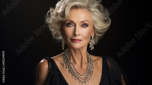 A portrait old woman with a natural and timeless beauty that shines through the years. Confidence and sophistication. Elegance accessories and beauty on black background black dress. Generative ai