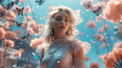 Retro futuristic girl in a floating garden, surrounded levitating flowers and holographic butterflies. Her fashion ensemble incorporates natural elements woman futuristic design. Generative ai photo