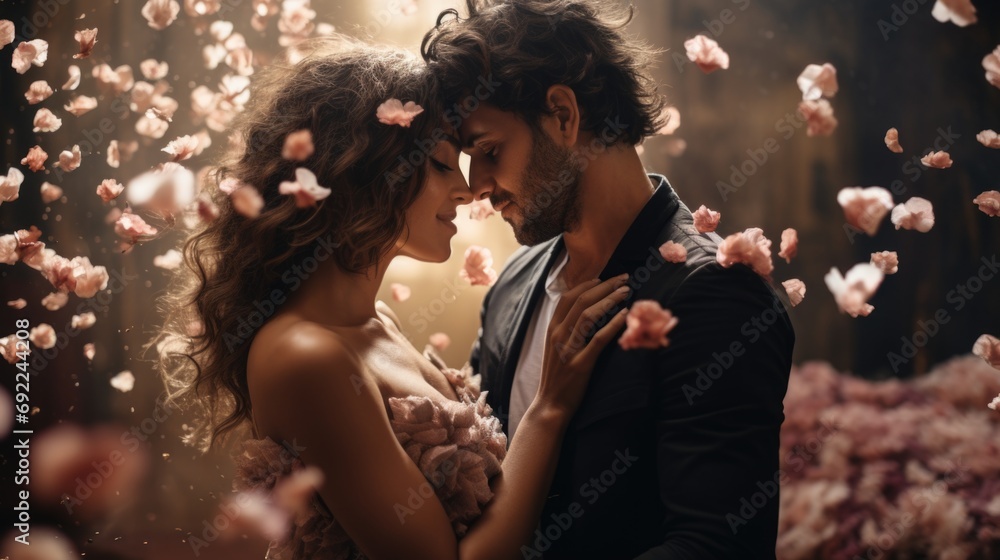 wedding couple sharing a kiss under a cascade of flower petals. The atmosphere is one of pure romance and joy, capturing the magic of their valentine's day flowers. Generative ai