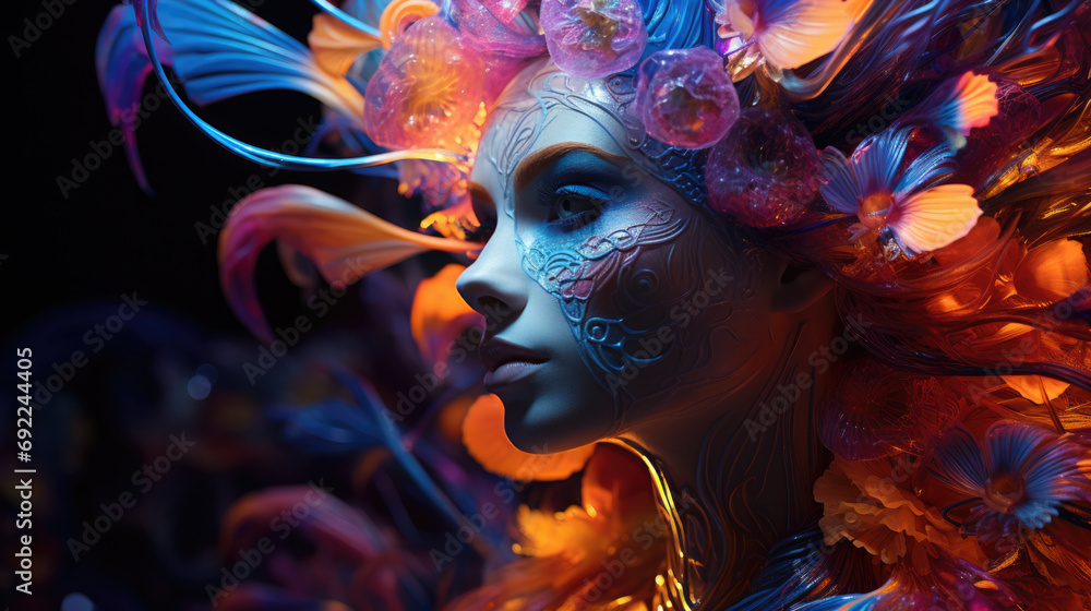 Abstract Fluorescent Fantasy portrait where the subject becomes canvas for vibrant light patterns and shapes. Experiment with projecting fluorescent patterns neon face woman. Generative ai