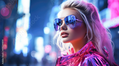 Night cityscape featuring a retro futuristic girl walking along a neon-lit street, her fashion-forward outfit glowing in the ambient lights. The atmosphere is filled with urban energy. Generative ai