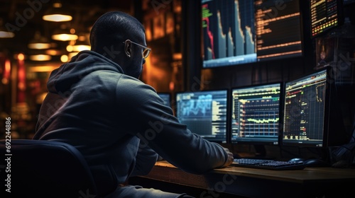 trader conducting research and analysis, surrounded by financial charts, graphs, and market indicators. Convey the strategic aspect of trading . Generative ai