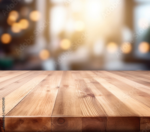 Golden kitchen blurred background with wooden table, Empty Wooden Table with Bokeh Restaurant Background,