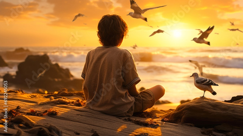Tranquil beach moment with a boy, close-up shot, sitting on a driftwood log, gazing at the horizon, seagulls circling overhead, soft golden hour sunlight, peace. Generative ai