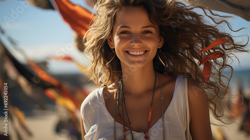 Playful girl enjoying the beach in summer, shoreline, summer beautiful woman, kite in air colorful beach in the background. Girl with long curly hair. Generative ai.