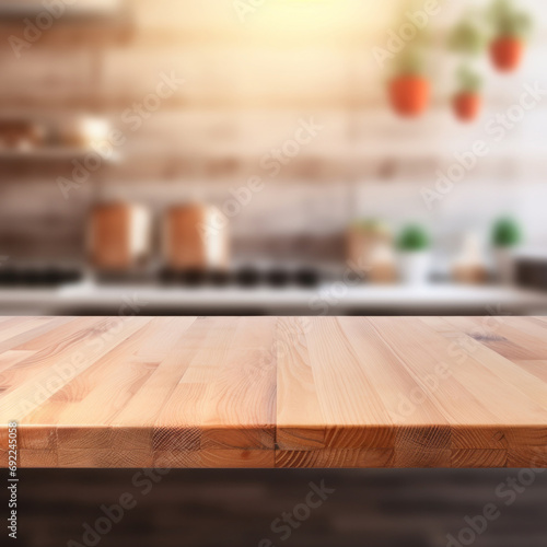 Wood kitchen table , top view, with blurred background, interior, focus on foreground,
